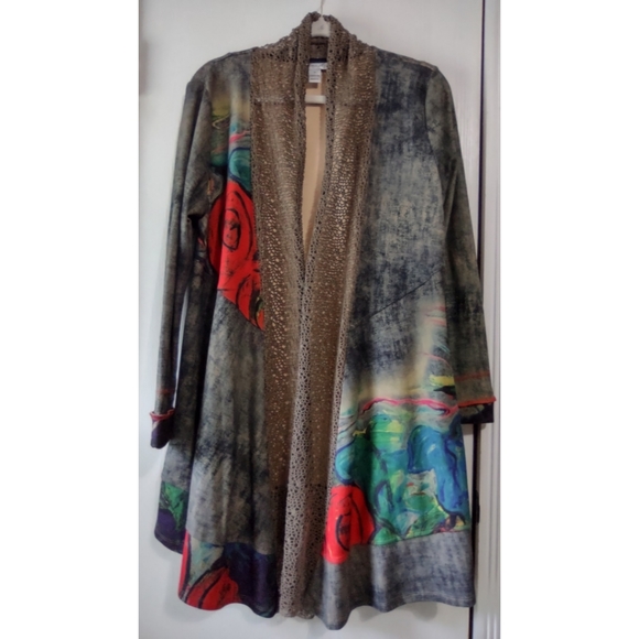 Aris A Jackets & Blazers - Womens Multicolor Long Open Front Jacket with Floral Accents
